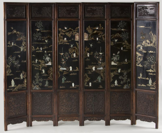 This 19th-century six-panel coromandel Asian dressing screen, 73 inches by 90 inches, hit $14,375.